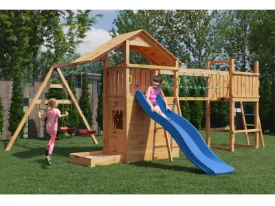 Spielturm Smart 7 Bridge teakfarben inkl. Rutsche blau Produktbild #1
