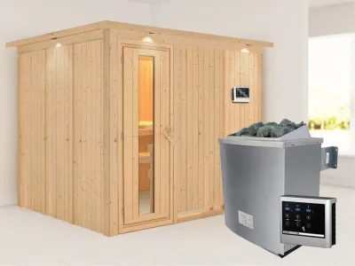 Systemsauna Gobin mit Dachkranz, Holztür mit Isolierglas, inkl. 9 kW Saunaofen ext. Steuerung Produktbild #1