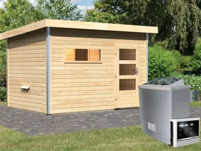 Saunahaus Skrollan 2 mit Klarglastür & Vorraum, inkl. 9 kW Saunaofen mit externer Steuerung Produktbild #1