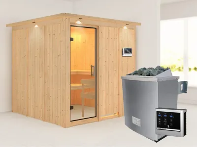 Sauna Systemsauna Rodin mit Dachkranz, Klarglas Ganzglastür + 9 kW Saunaofen mit ext. Strg Produktbild #1