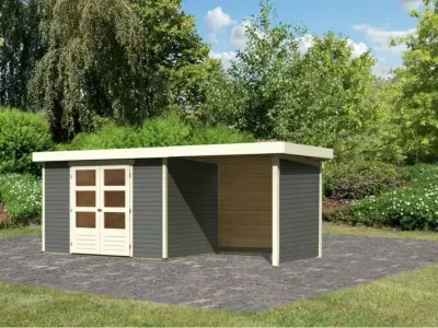 Gartenhaus-Set Askola 4, terragrau inkl. 2,4 m Anbaudach, Seiten- und Rückwand Produktbild #1