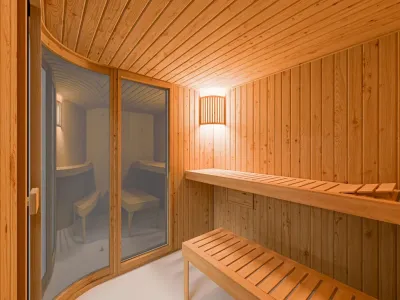 Elementsauna Sarah 1 mit Ganzglastür und Bogenfenster Produktbild #2