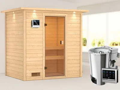 Sauna Selena mit bronzierter Glastür und Dachkranz + 3,6 kW Plug & Play Bio-Ofen ext. Strg. Produktbild #1