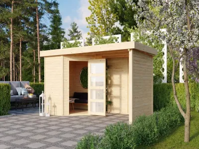 Gartenhaus SET Schwandorf 3 19 mm naturbelassen, inkl. 2,4 m Anbaudach + Seiten- und Rückwand Produktbild #1