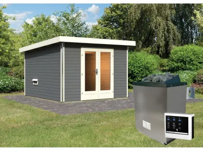 Saunahaus Mainburg 1 terragrau 38 mm inkl. klassischer Saunaofen 9 kW + ext. Steuerung Produktbild #1