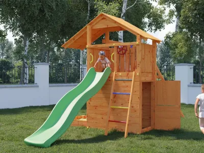 Spielturm Smart 7 teakfarben inkl. Rutsche grün Produktbild #2