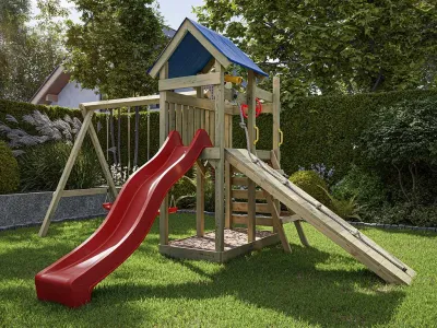 Spielturm Hefty KDI inkl. Doppelschaukel inkl. Rutsche rot + Sitze rot Produktbild #1