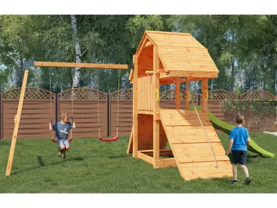 Spielturm Buffalo teakfarben inkl. Doppelschaukel + Rutsche gelb Produktbild #3