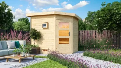 Saunahaus Mikka mit Klarglastür, inkl. 9 kW Saunaofen mit externer Steuerung Produktbild #1