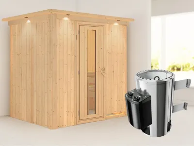 Sauna Systemsauna Fanja mit Dachkranz, Energiespartür + Plug & Play Saunaofen mit Steuerung Produktbild #1