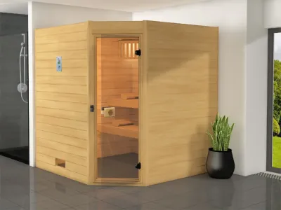 Sauna Massivholzsauna Valida Eck 3 GT klare Ganzglastür Produktbild #1