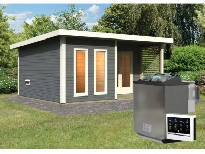 Saunahaus Mainburg 5 terragrau 38 mm inkl. Bio-Kombiofen 9 kW + ext. Steuerung Produktbild #1