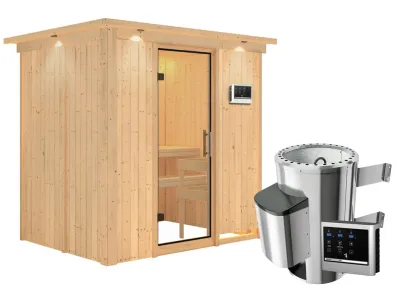Sauna Systemsauna Fanja mit Dachkranz, Klarglas Ganzglastür + Plug & Play Saunaofen mit ext. Strg Produktbild #5
