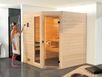 Sauna Massivholzsauna Valida 1.8 Eck mit Klarglastür und Fenster Produktbild #1