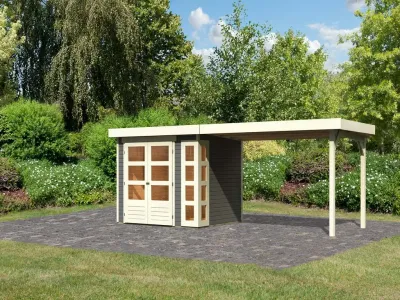 Gartenhaus SET Kerko 3 19 mm terragrau, inkl. 2,8 m Anbaudach Produktbild #1