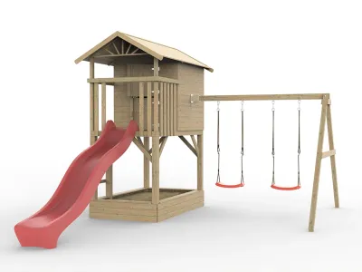 Stelzenhaus Tree Hut mit Sandkasten KDI inkl. Doppelschaukel und Rutsche rot Produktbild #2