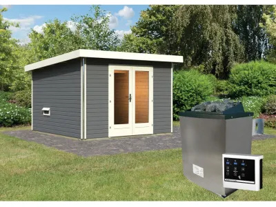Saunahaus Mainburg 1 terragrau 38 mm inkl. klassischer Saunaofen 9 kW + ext. Steuerung Produktbild #1