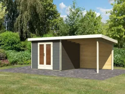 Gartenhaus SET Radeburg 1 40 mm terragrau inkl. 3,3 m Anbaudach + Rückwand Produktbild #1