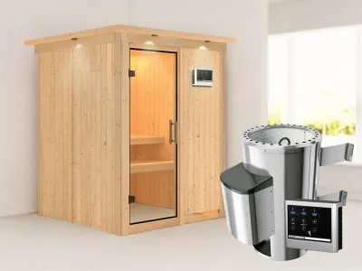 Sauna Systemsauna Minja mit Dachkranz, Klarglas Ganzglastür + Plug & Play Saunaofen mit ext. Strg Produktbild #1