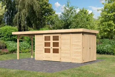 Gartenhaus SET Retola 5 19 mm naturbelassen, inkl. 2,4 m Anbaudach + Anbauschrank Produktbild #1