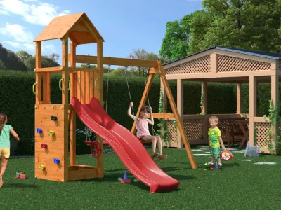 Spielturm Flappi teakfarben inkl. Doppelschaukel + Rutsche Produktbild #2