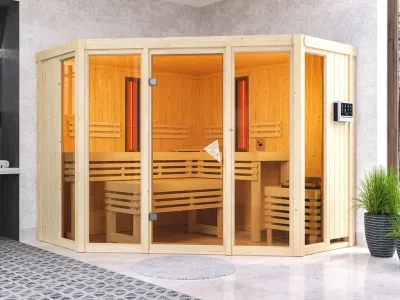 Multifunktionssauna Asta mit bronzierter Glastür + 9 kW Bio-Kombiofen ext. Strg. Produktbild #1