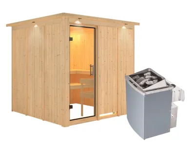 Sauna Systemsauna Rodin mit Dachkranz, Klarglas Ganzglastür + 9 kW Saunaofen mit Steuerung Produktbild #3