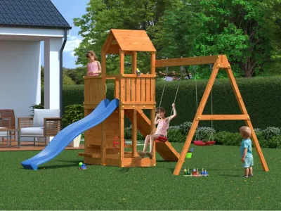 Spielturm Floppi teakfarben inkl. Doppelschaukel + Rutsche Produktbild #4