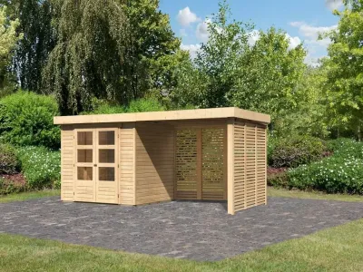Gartenhaus SET Askola 3 19 mm naturbelassen, inkl. 2,8 m Anbaudach + Lamellenwänden Produktbild #1