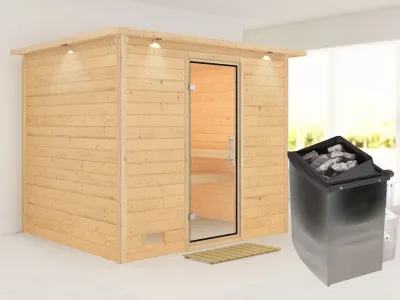 Massivholzsauna Sonara mit Dachkranz Klarglas Ganzglastür Produktbild #2