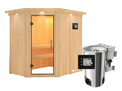 Sauna Systemsauna Saja mit Dachkranz, Klarglas Ganzglastür + Plug & Play Bio-Ofen mit ext. Strg. Produktbild #9