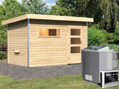 Saunahaus Skrollan 1 mit Klarglastür & Vorraum, inkl. 9 kW Bio-Kombiofen mit externer Steuerung Produktbild #1