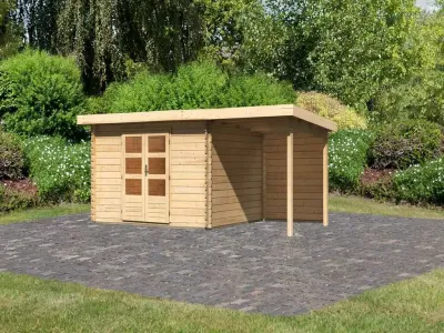 Gartenhaus Blockbohlenhaus SET Bastrup 7 28 mm naturbelassen, inkl. 2 m Anbaudach + Rückwand Produktbild #1