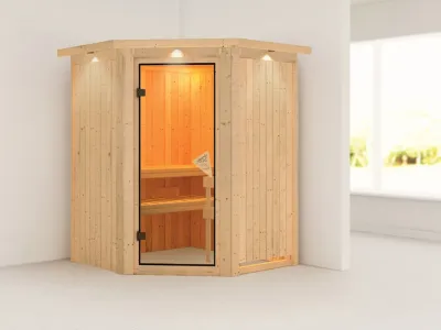 Systemsauna Larin mit Dachkranz, bronzierte Ganzglastür Produktbild #1