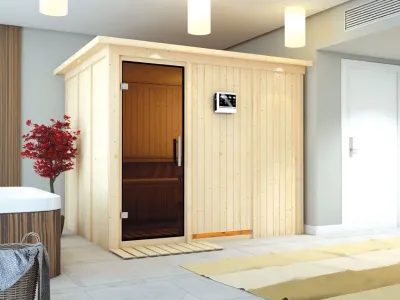 Systemsauna Gobin mit Dachkranz, graphit Ganzglastür, inkl. 9 kW Bio-Kombiofen ext. Steuerung Produktbild #1