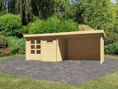 Gartenhaus Blockbohlenhaus SET Bastrup 8 28 mm naturbelassen, inkl. 4 m Anbaudach + Seiten-/Rückwand Produktbild #1
