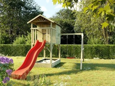 Stelzenhaus Tree Hut mit Sandkasten KDI inkl. Einzelschaukel und Rutsche rot Produktbild #1