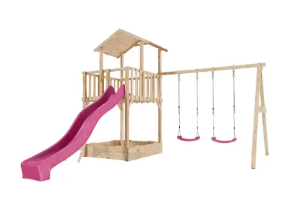 Spielturm Tilly Premium mit Doppelschaukel Lärche inkl. Rutsche pink + Sitze pink Produktbild #4