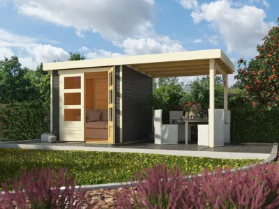 Gartenhaus Askola 3 19 mm terragrau inkl. 2,4 m Anbaudach Produktbild #1