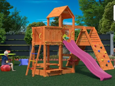 Spielturm Fluppi teakfarben inkl. Einzelschaukel + Rutsche Produktbild #1