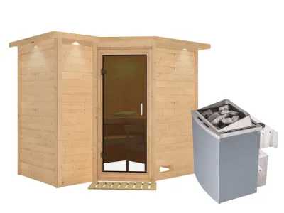 Massivholzsauna Sahib 2 mit Dachkranz, graphit Ganzglastür, inkl. 9 kW Saunaofen integr. Steuerung Produktbild #2