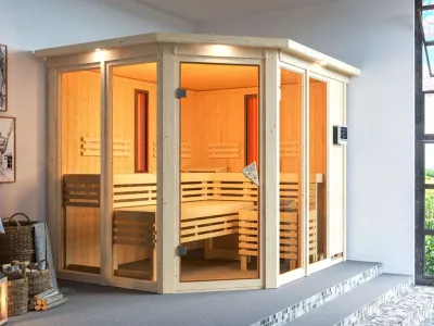 Multifunktionssauna Ava mit bronzierter Glastür und Dachkranz + 9 kW Bio-Kombiofen ext. Strg. Produktbild #1