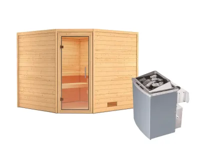 Sauna Massivholzsauna Leona Klarglas Ganzglastür + 9 kW Saunaofen mit Steuerung Produktbild #3