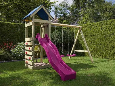 Spielturm Easy KDI inkl. Doppelschaukel inkl. Rutsche pink + Sitze pink Produktbild #1
