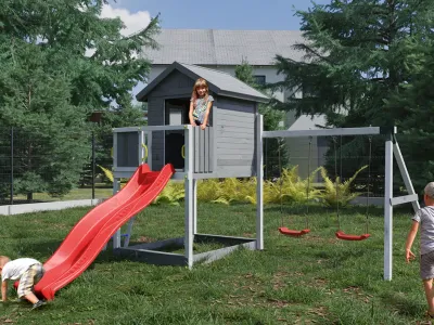 Spielturm Stelzenhaus Galaxy S inkl. Doppelschaukel grau/weiß + Rutsche rot Produktbild #1