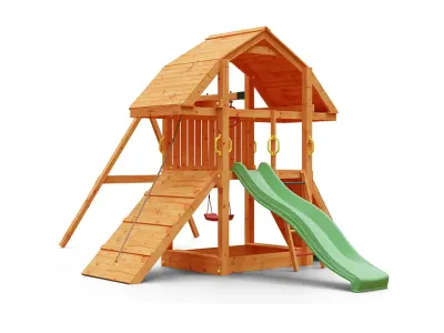 Spielturm Buffalo teakfarben inkl. Doppelschaukel + Rutsche grün Produktbild #5