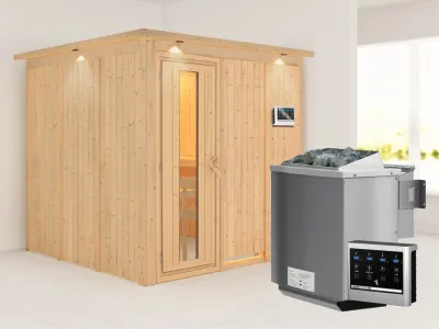 Systemsauna Rodin mit Dachkranz, Holztür mit Isolierglas, inkl. 9 kW Bio-Kombiofen ext. Steuerung Produktbild #1