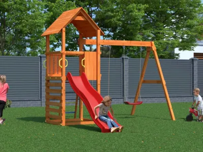 Spielturm Bento A teakfarben inkl. Rutsche rot Produktbild #1