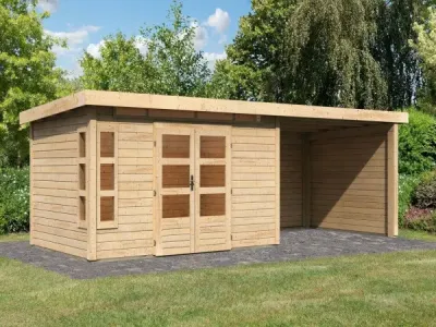 Gartenhaus SET Kastorf 7 28 mm naturbelassen inkl. 3,2 m Anbaudach + Rückwand + Seitenwand Produktbild #1