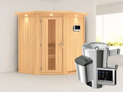 Sauna Systemsauna Tonja mit Dachkranz, Energiespartür + Plug & Play Saunaofen mit ext. Steuerung Produktbild #1